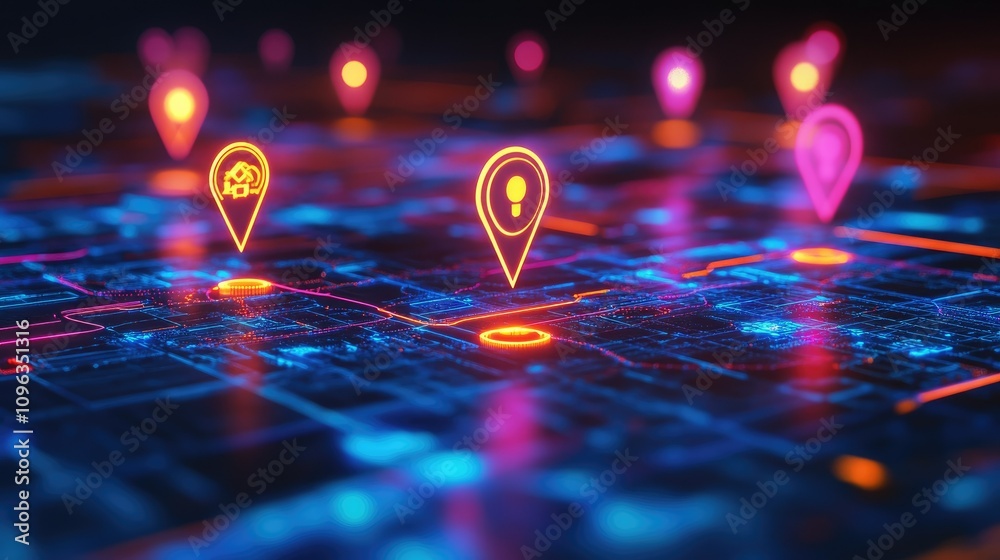 Poster A digital map with connected footprint markers representing destination points, with data flowing between each location in vibrant streams.