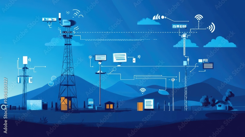 Poster A diagram explaining how satellite signals enable pager communication systems, showing how data bounces between communication towers and portable pagers.