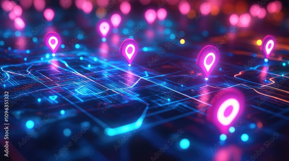 Poster A digital map with connected footprint markers representing destination points, with data flowing between each location in vibrant streams.
