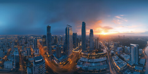 Obraz premium Modern City Skyline with Office Buildings and Drone View at Sunset