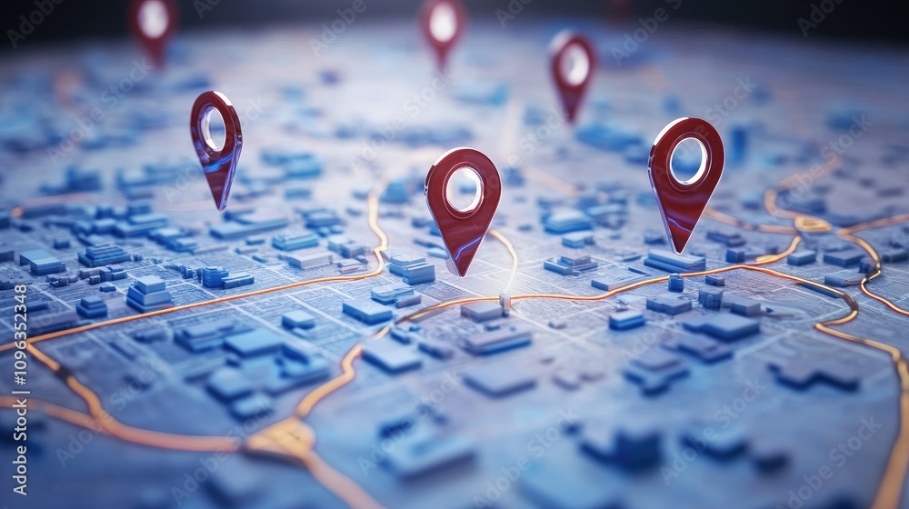 Poster A high-tech digital map with destination points linked by a network of footprints, showing data flow between locations.