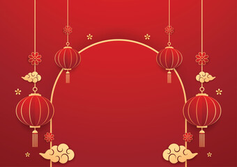 Happy Chinese new year 2025. Chinese new year banner with circle for show product. Greeting card. China frame with lantern on red background.