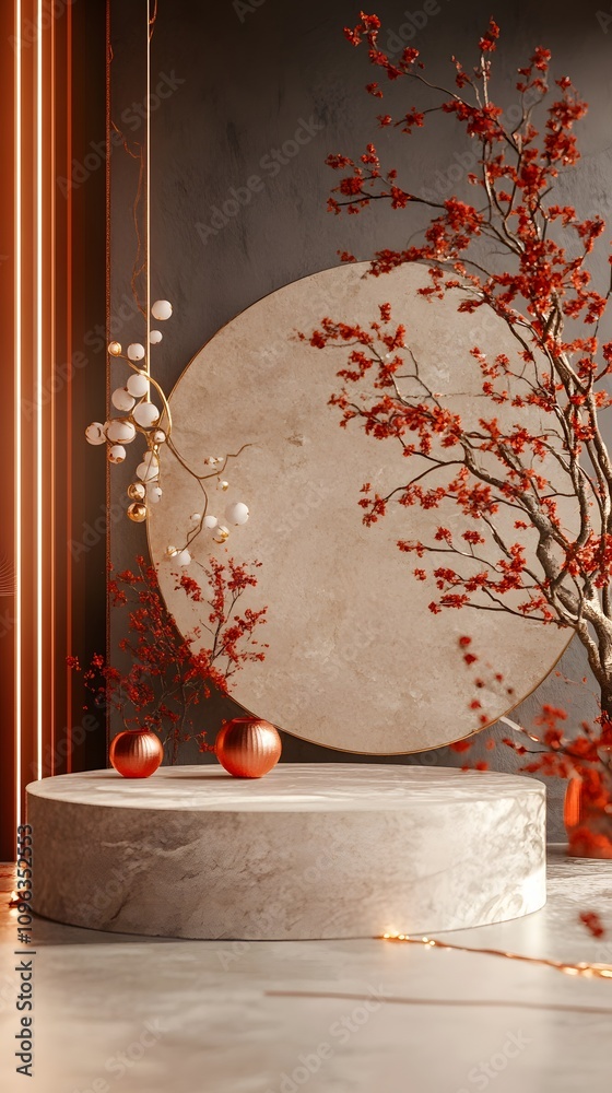 Wall mural A sophisticated Chinese New Year setup with a smooth stone podium, gold and red floral elements, and subtle lighting. The space in front of the podium is left empty for a product to be featured.