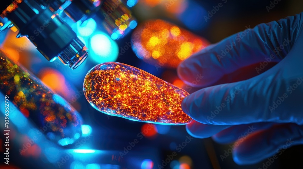 Poster A researcher in a lab using advanced microscopy to explore mitochondria within a cell, highlighting the glow of intricate cellular details for biology studies.