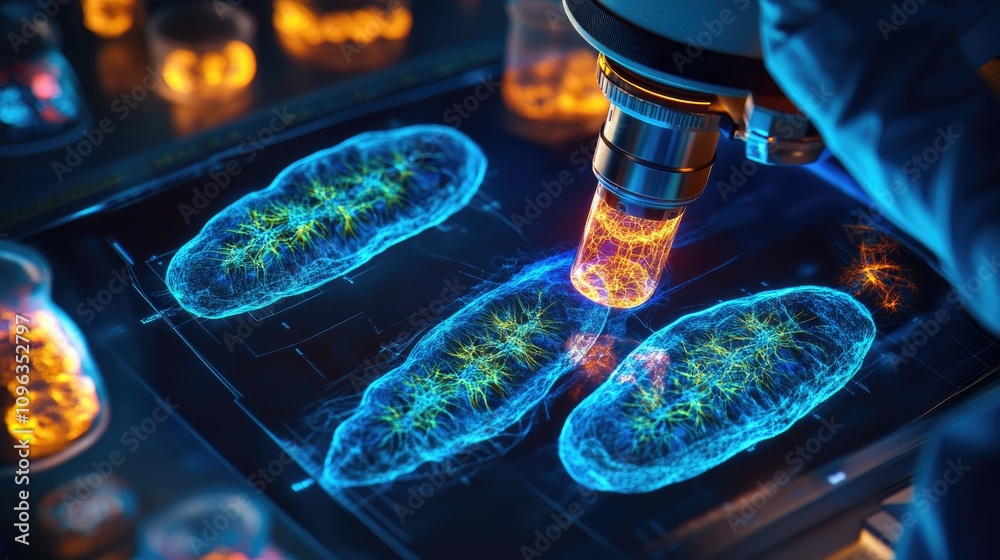 Aufkleber a researcher in a lab using advanced microscopy to explore mitochondria within a cell, highlighting 