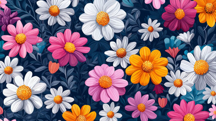Vibrant daisy flowers in various colors create lively pattern on dark background, showcasing nature beauty and diversity