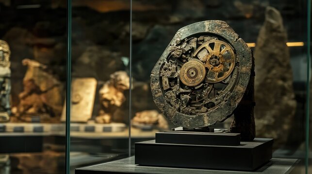 A photograph of the enigmatic Antikythera mechanism with ancient Greek artifacts in the background, showcasing its historical and technological mystery.