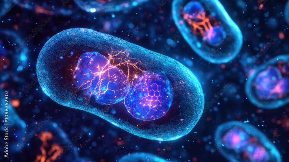 Poster A researcher in a lab using advanced microscopy to explore mitochondria within a cell, highlighting the glow of intricate cellular details for biology studies.