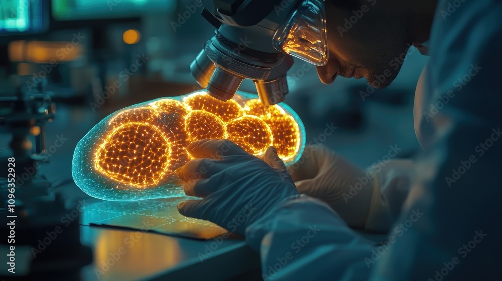 Poster A researcher in a lab using advanced microscopy to explore mitochondria within a cell, highlighting the glow of intricate cellular details for biology studies.