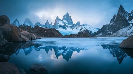 Earth's North Pole, aerial view, snowy mountains and lakes, wilderness atmosphere.