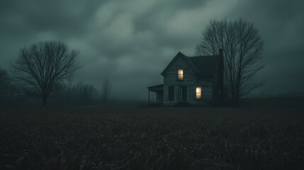 Abandoned House Surrounded by Empty Field Under Dark Stormy Sky with Soft Glows from Windows Evoking Atmosphere of Mystery and Isolation in Rural Landscape