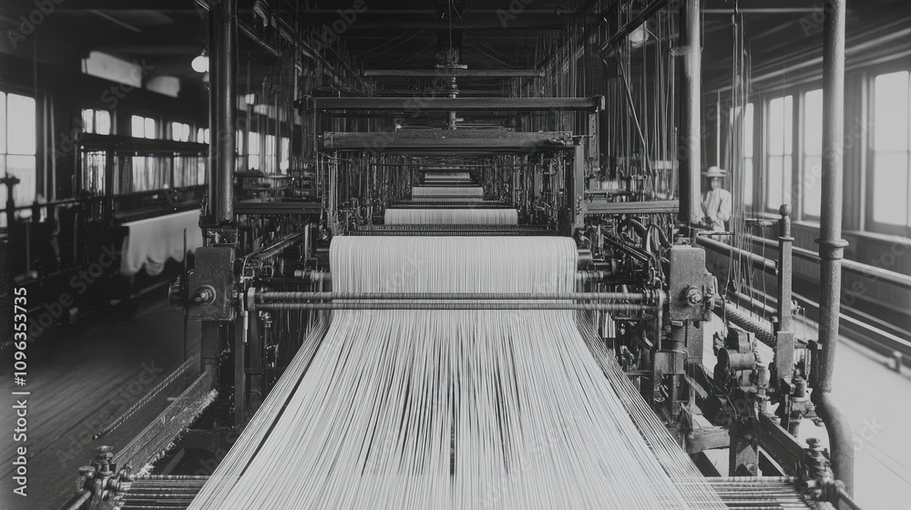 Aufkleber a textile loom weaving complex fabrics, focusing on the mechanical precision and detailed craftsmans