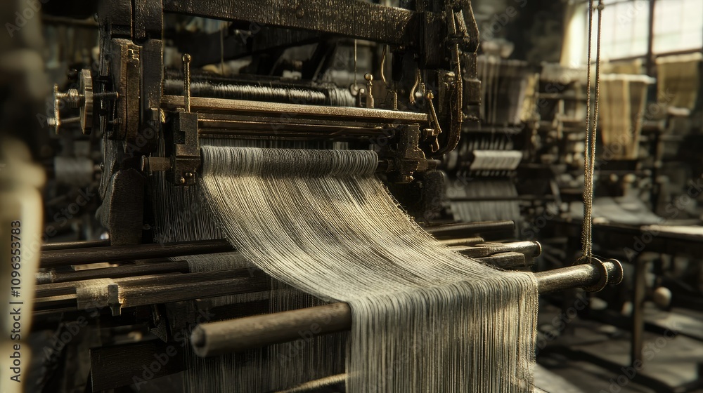 Poster a textile loom weaving complex fabrics, focusing on the mechanical precision and detailed craftsmans