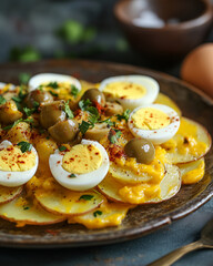 Fototapeta premium Delicious peruvian causa with boiled eggs, olive garnish, and fresh herbs on a rustic plate
