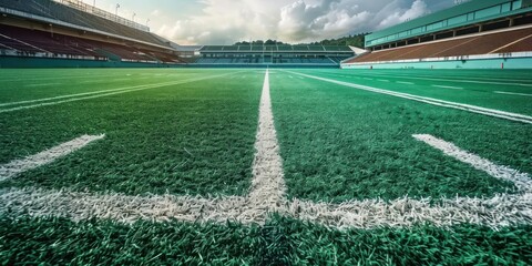 Obraz premium Green Football Field with White Lines and Stands in the Background
