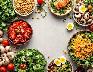 vegetables, eggs and beans in plates healthy lifestyle food background