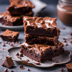 Delicious brownies with melted chocolate on a stack