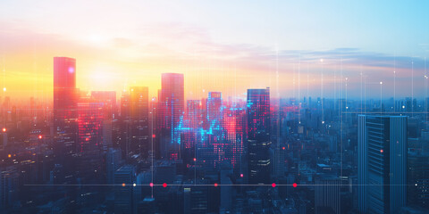 Fototapeta premium Modern City Skyline with Office Buildings and Drone View at Sunset