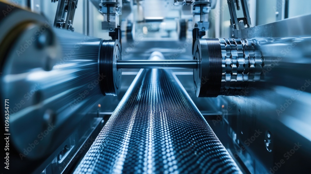 Poster An advanced carbon fiber weaving machine in action, precisely weaving filaments to create strong, lightweight material for manufacturing.