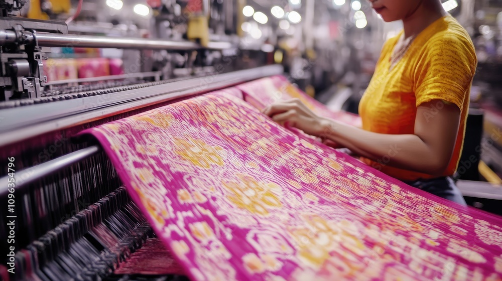 Aufkleber An advanced textile loom machine in a factory setting, weaving intricate fabrics with precision, highlighting the craftsmanship.