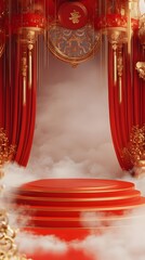 A festive podium decorated with vibrant red silk and golden elements, set in front of a soft, misty backdrop. The stage is clear and focused on showcasing products.