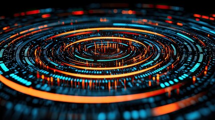 Dynamic digital visualization of circular data patterns virtual space abstract art high-tech environment close-up viewpoint innovative concept