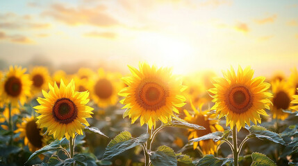 Obraz premium Bright and cheerful sunflowers facing sun in summer field, creating vibrant and uplifting atmosphere. golden blooms stand out against warm, glowing background