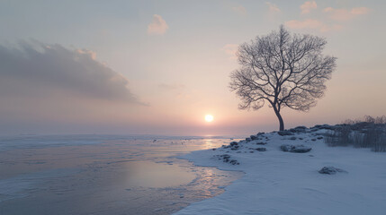 Serene Winter Landscape with Lone Tree at Icy Beach During Sunset, Capturing Minimalist Beauty of Nature in a Snowy Scene