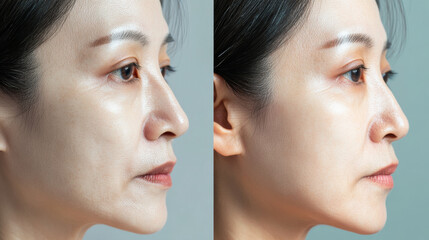 A woman's side profile showcasing a skincare transformation with visible improvement in skin texture and tone, during daylight
