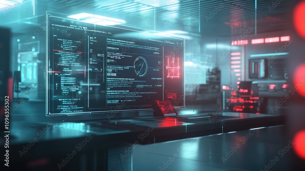 Aufkleber Blockchain banking system displaying secure contract execution between clients, showing transparent digital interfaces and encrypted communication in a futuristic setting.