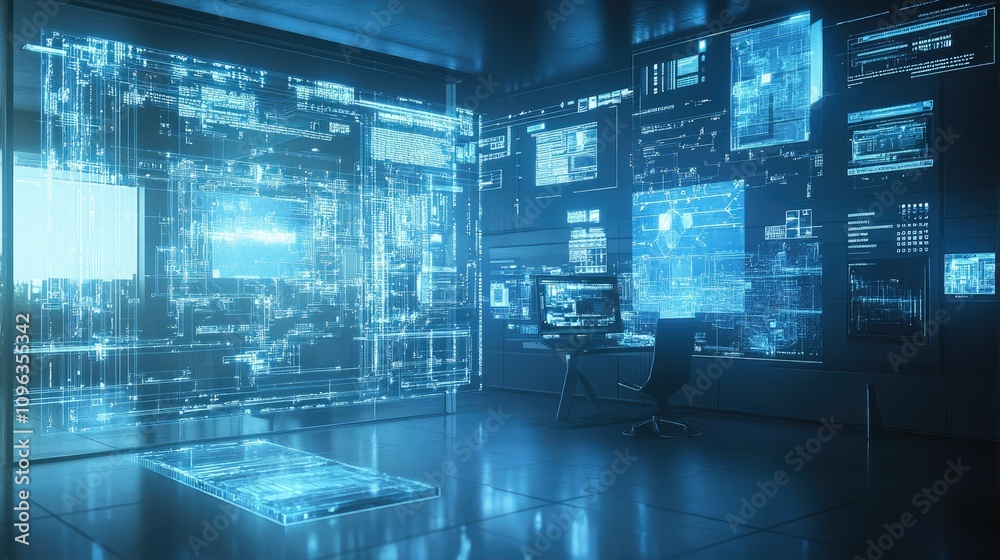 Aufkleber Blockchain banking system displaying secure contract execution between clients, showing transparent digital interfaces and encrypted communication in a futuristic setting.