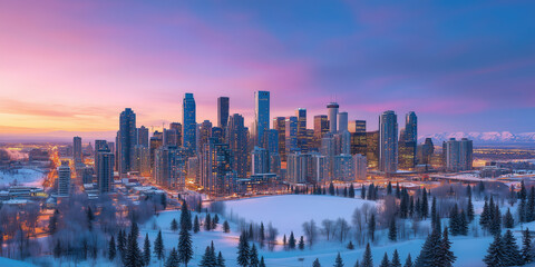 Naklejka premium Modern City Skyline with Office Buildings and Drone View at Sunset