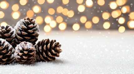 Obraz premium Winter holiday decorations cozy home seasonal decor indoor close-up view festive vibe with snow-covered pinecones