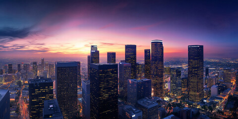 Fototapeta premium Modern City Skyline with Office Buildings and Drone View at Sunset