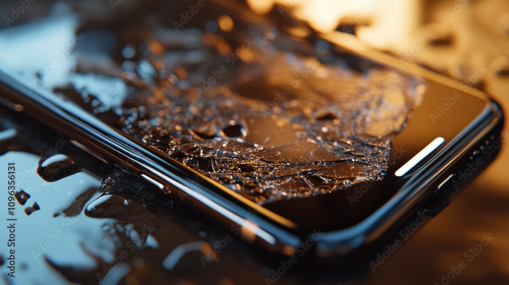 Poster close-up of a cracked phone screen after a drop, highlighting the damage and new standards of phone 