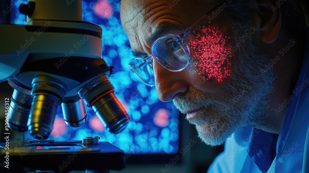 Poster close-up of a scientist peering into a high-powered microscope, examining glowing mitochondria withi