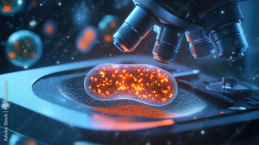 Poster Close-up of a scientist peering into a high-powered microscope, examining glowing mitochondria within a cell sample, in a laboratory environment.