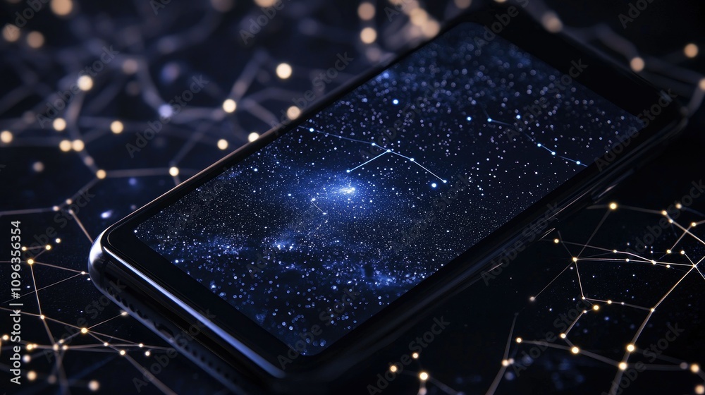 Poster Close-up of a smartphone screen showing the trajectory of the newly discovered comet C2023 A3 in an astronomy app, surrounded by dark sky and starlight.