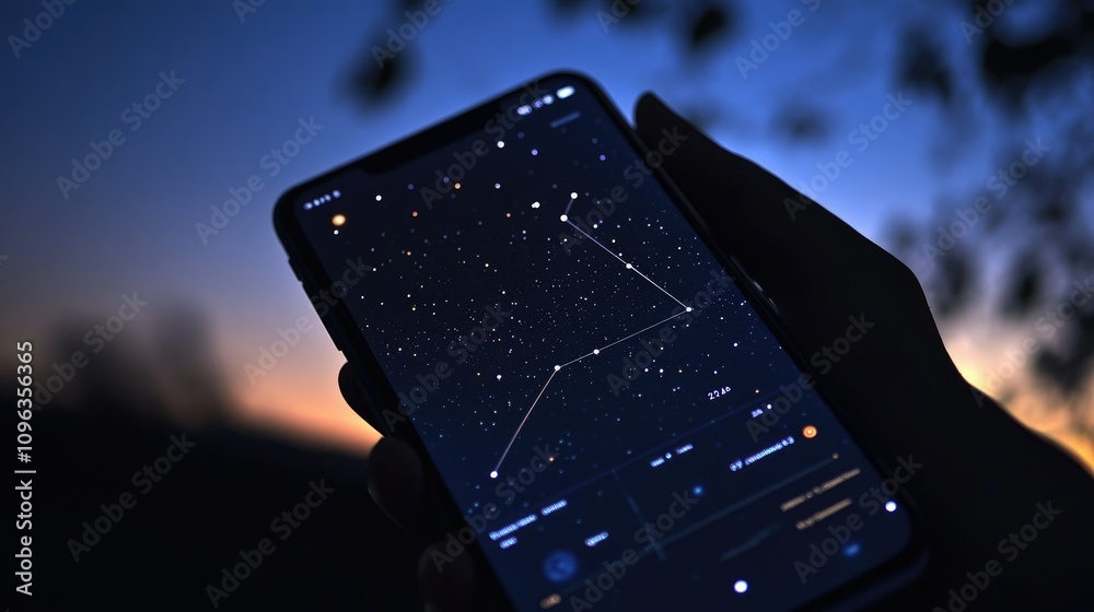 Poster Close-up of a smartphone screen showing the trajectory of the newly discovered comet C2023 A3 in an astronomy app, surrounded by dark sky and starlight.