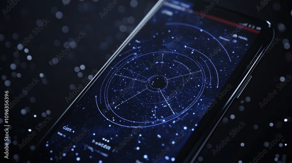 Aufkleber Close-up of a smartphone screen showing the trajectory of the newly discovered comet C2023 A3 in an astronomy app, surrounded by dark sky and starlight.