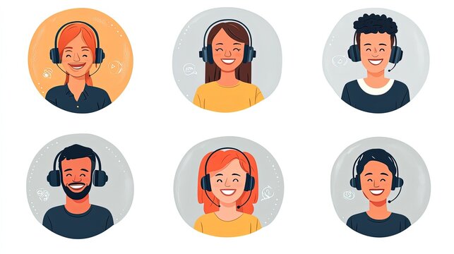 Happy diverse customer service agents wearing headsets.
