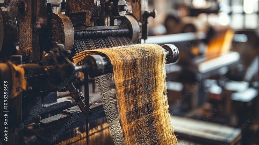 Aufkleber close-up of an intricate textile loom machine weaving fabrics, showcasing the precision and engineer