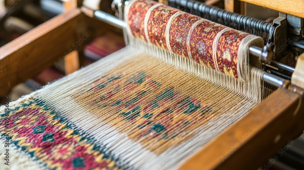 Poster Close-up of an intricate textile loom machine weaving fabrics, showcasing the precision and engineering behind the manufacturing process.