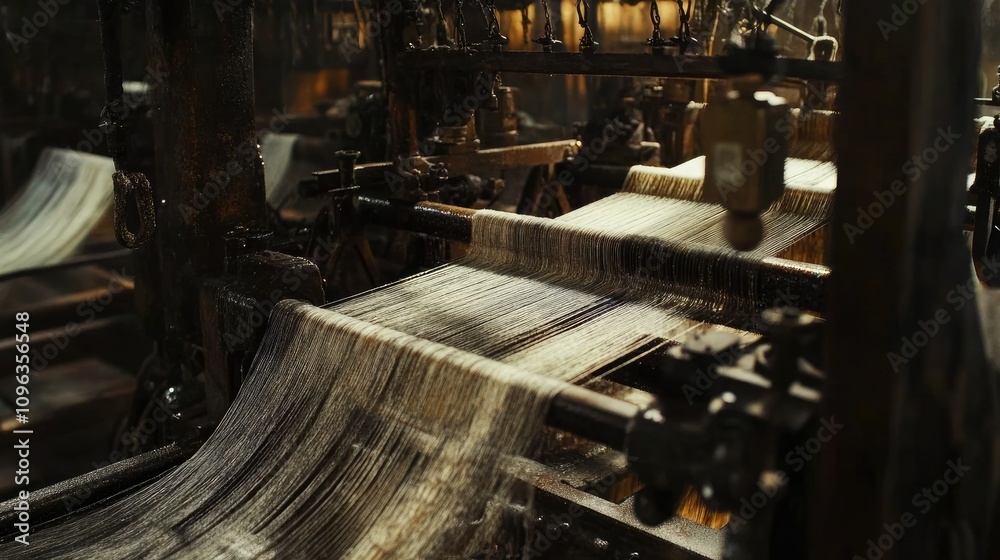 Poster Close-up of an intricate textile loom machine weaving fabrics, showcasing the precision and engineering behind the manufacturing process.