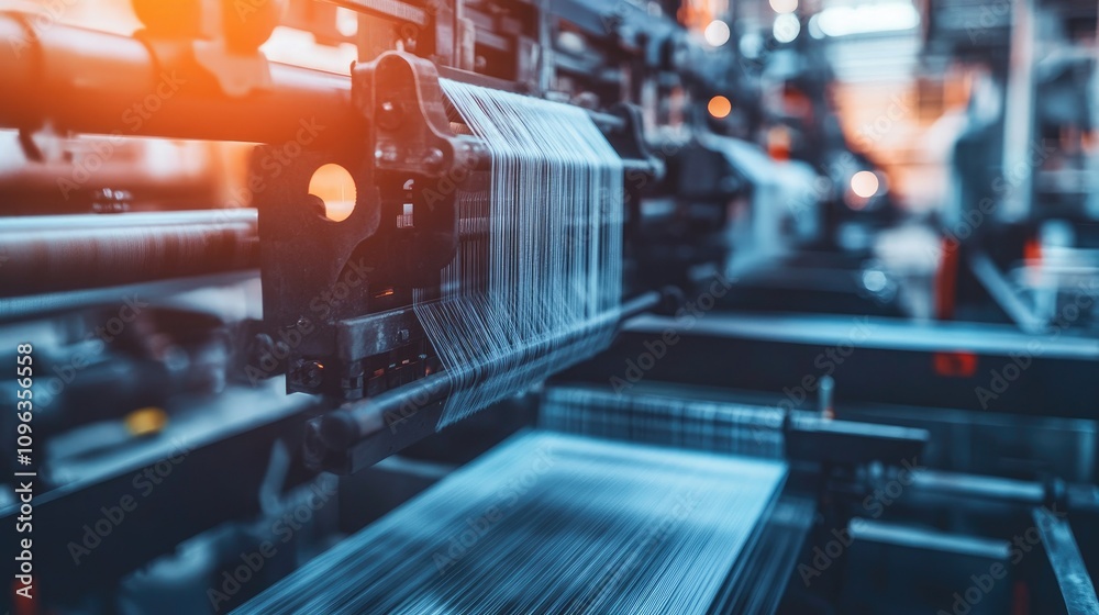 Poster Close-up of an intricate textile loom machine weaving fabrics, showcasing the precision and engineering behind the manufacturing process.
