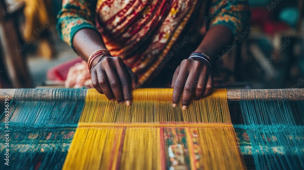 Poster Close-up of hands weaving vibrant threads on a traditional handloom, showcasing intricate patterns in a rural textile workshop.