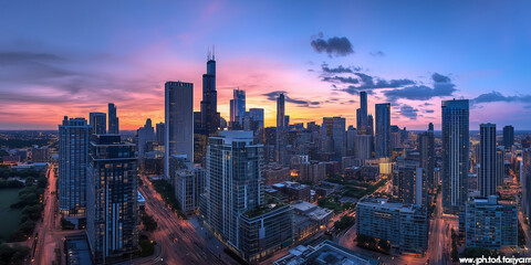 Fototapeta premium Modern City Skyline with Office Buildings and Drone View at Sunset