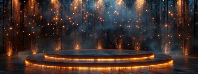Glowing Stage Platform in a Dark Room with Wooden Wall and Falling Lights