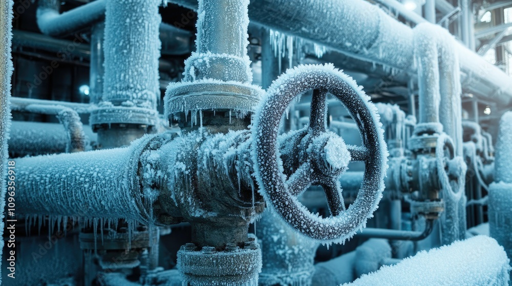 Poster close-up of industrial machinery with intricate frost patterns, emphasizing frozen pipes and valves 