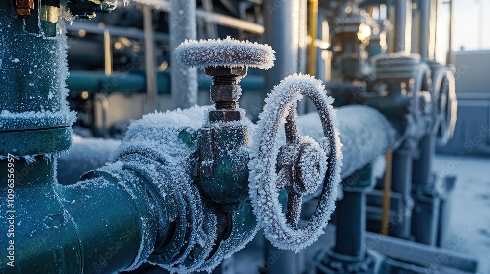 Poster close-up of industrial machinery with intricate frost patterns, emphasizing frozen pipes and valves 